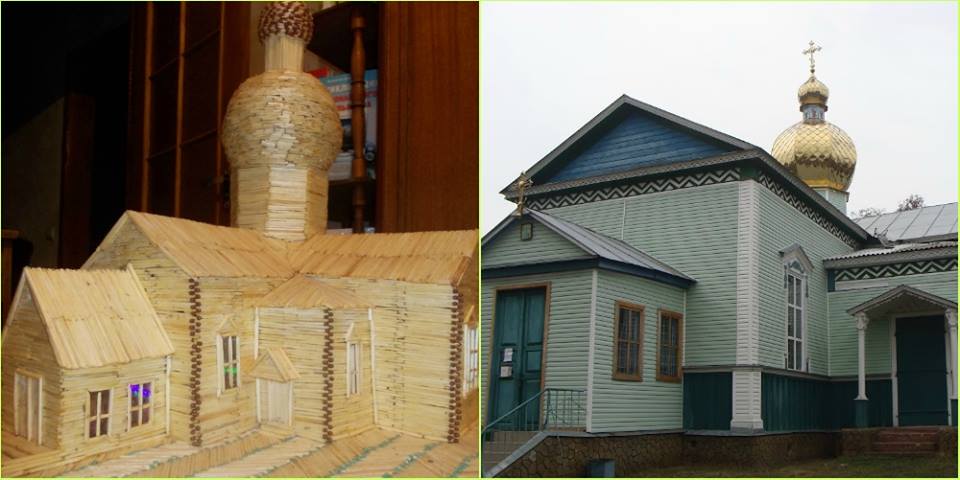 П. Нечипоренко. «Миколаївська церква в Конотопі». 2011. Сірники, клей, лак